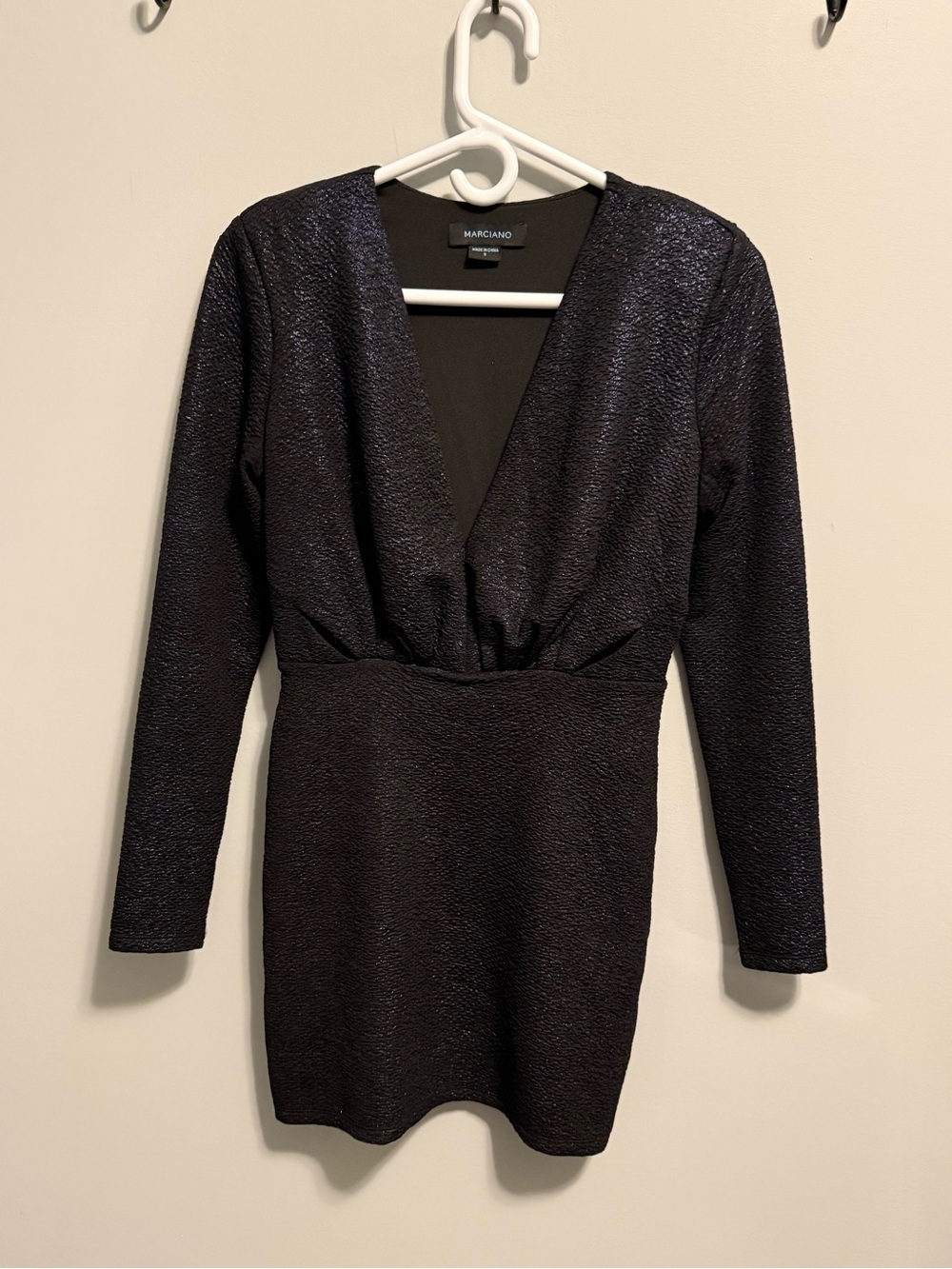 Marciano Black Textured Long Sleeve V-Neck Mini Dress